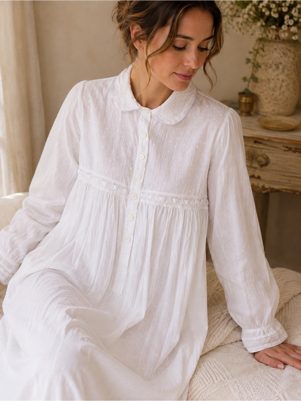 Pluto Belgium White Cotton Long Nightgown Embroidered Lace Cottagecore XS
